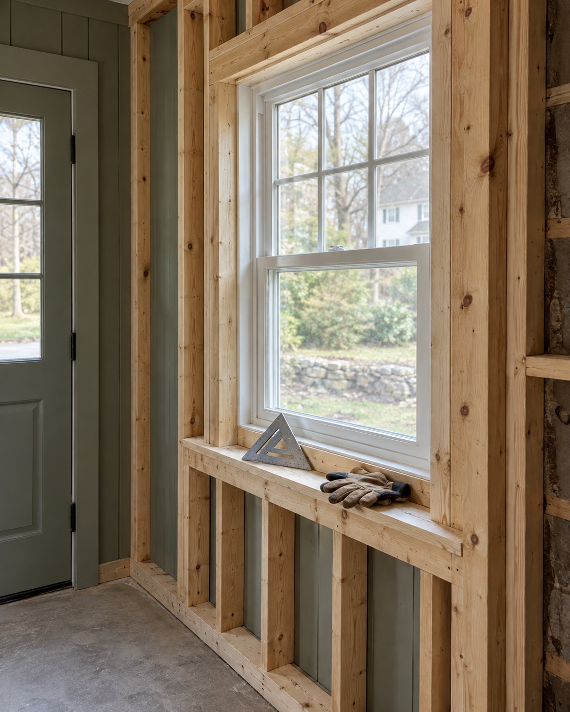 Illustrative timber framing and window in a mudroom renovation