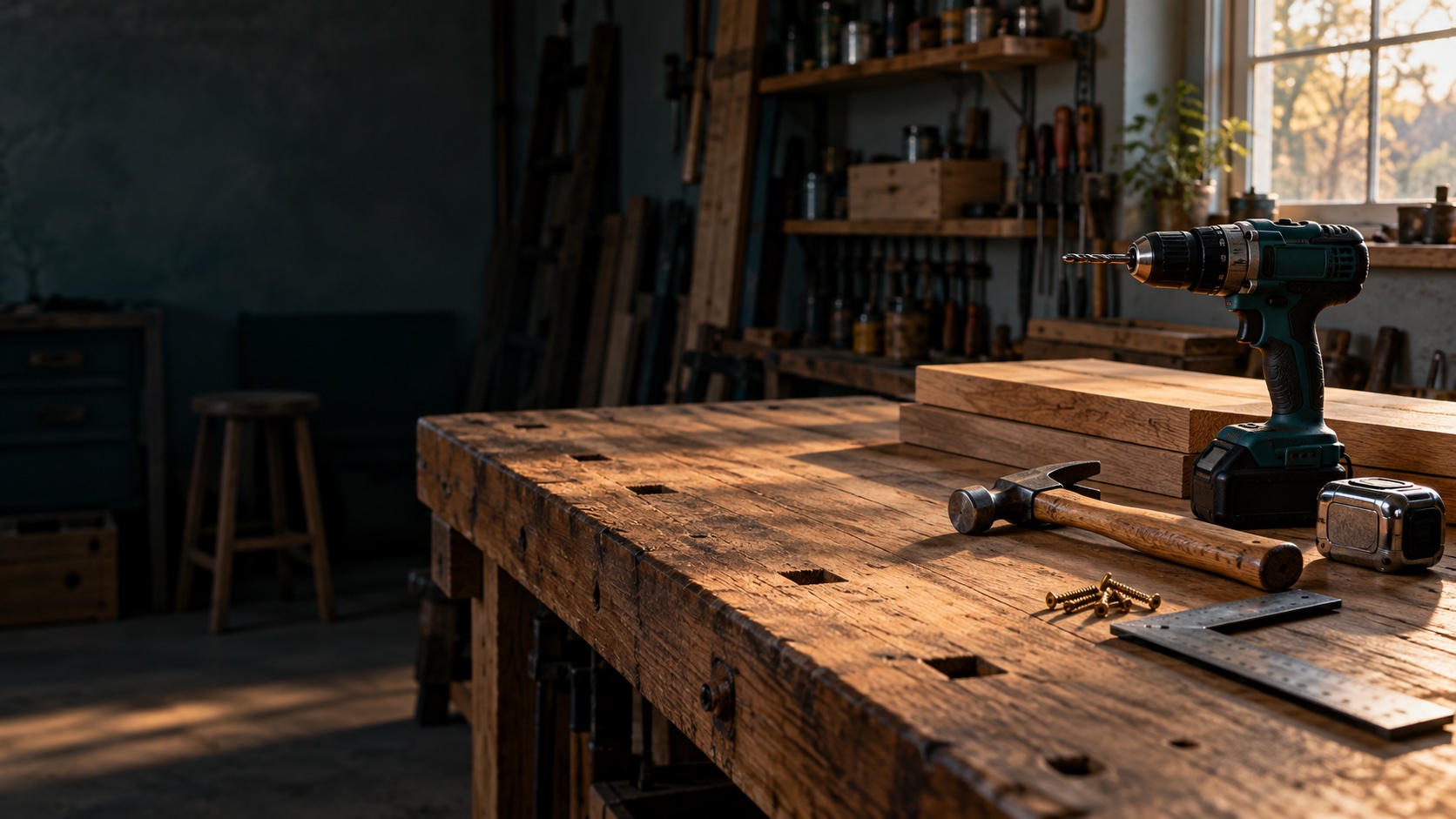 Illustrative workshop scene with hand tools on a wooden workbench